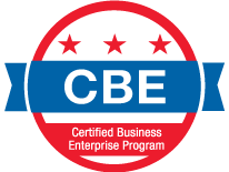 A red white and blue logo for the certified business enterprise program.