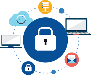 A circle with padlocks and various icons around it.